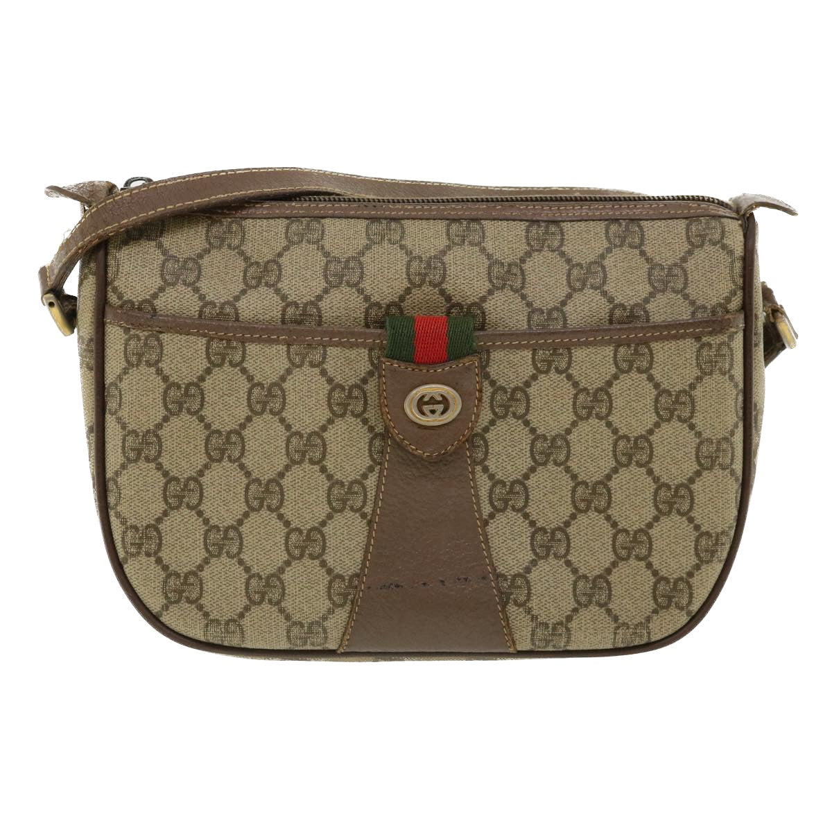 GUCCI Web Sherry Line GG Canvas Shoulder Bag PVC Leather Beige Green Auth rd3958