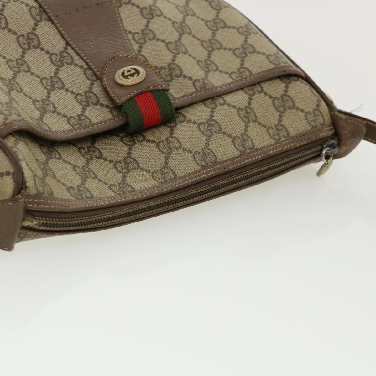 GUCCI Web Sherry Line GG Canvas Shoulder Bag PVC Leather Beige Green Auth rd3958