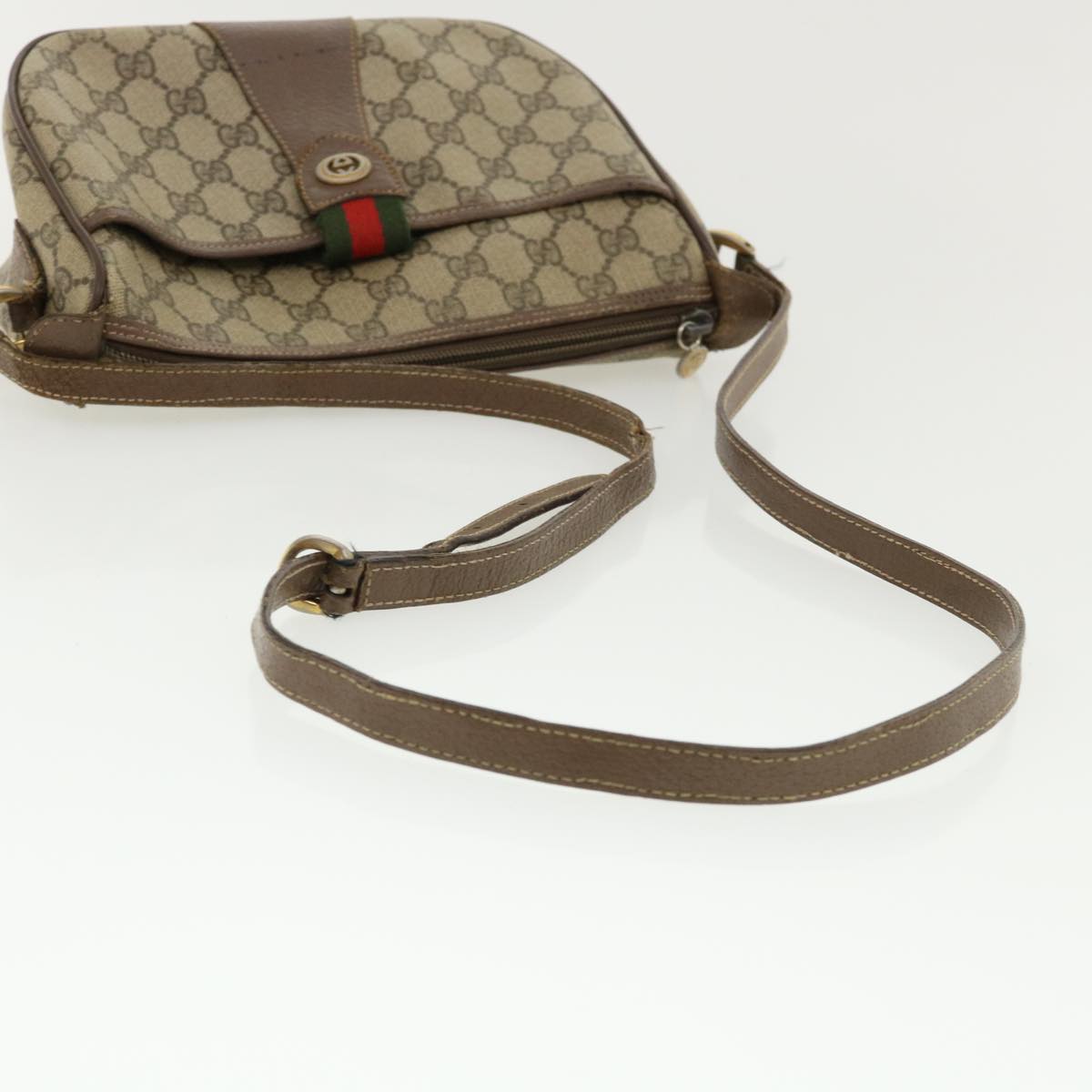 GUCCI Web Sherry Line GG Canvas Shoulder Bag PVC Leather Beige Green Auth rd3958