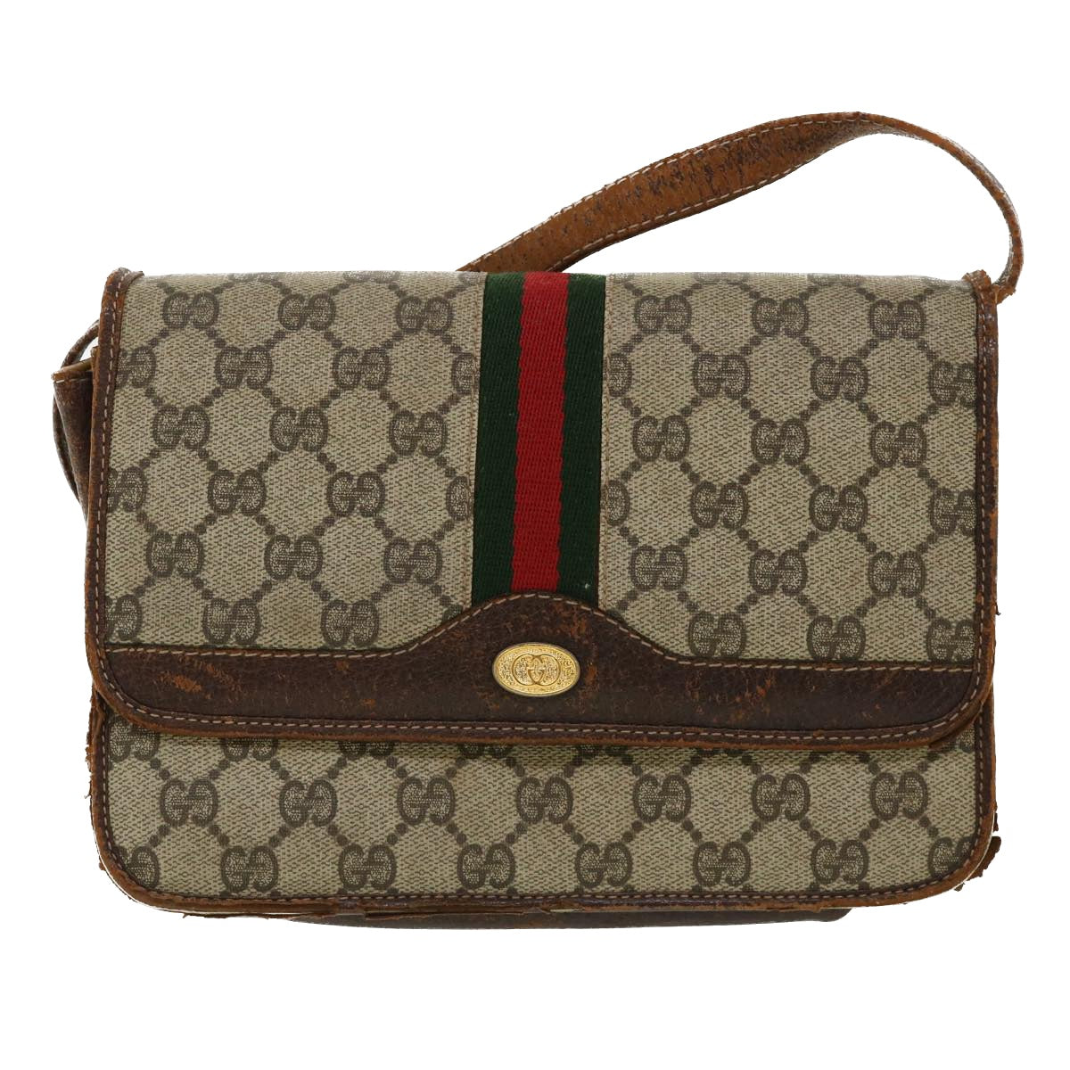GUCCI Web Sherry Line GG Canvas Shoulder Bag PVC Leather Beige Green Auth rd3964