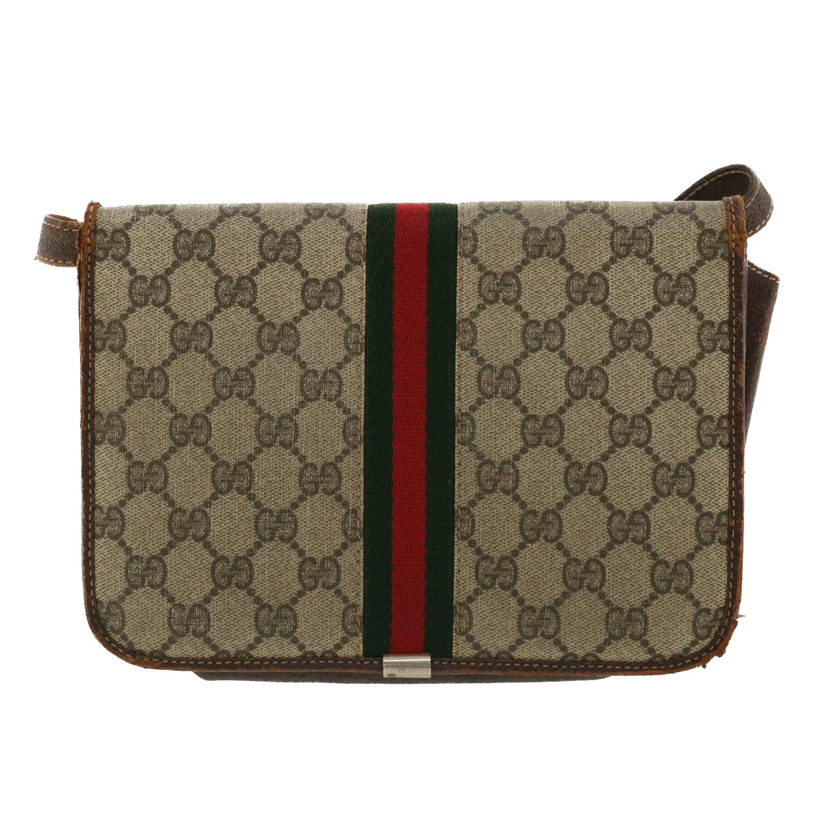 GUCCI Web Sherry Line GG Canvas Shoulder Bag PVC Leather Beige Green Auth rd3964