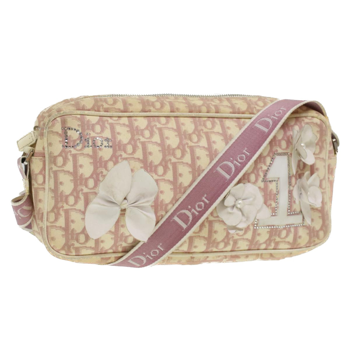 Christian Dior Trotter Canvas Flower Shoulder Bag Pink Auth rd4249