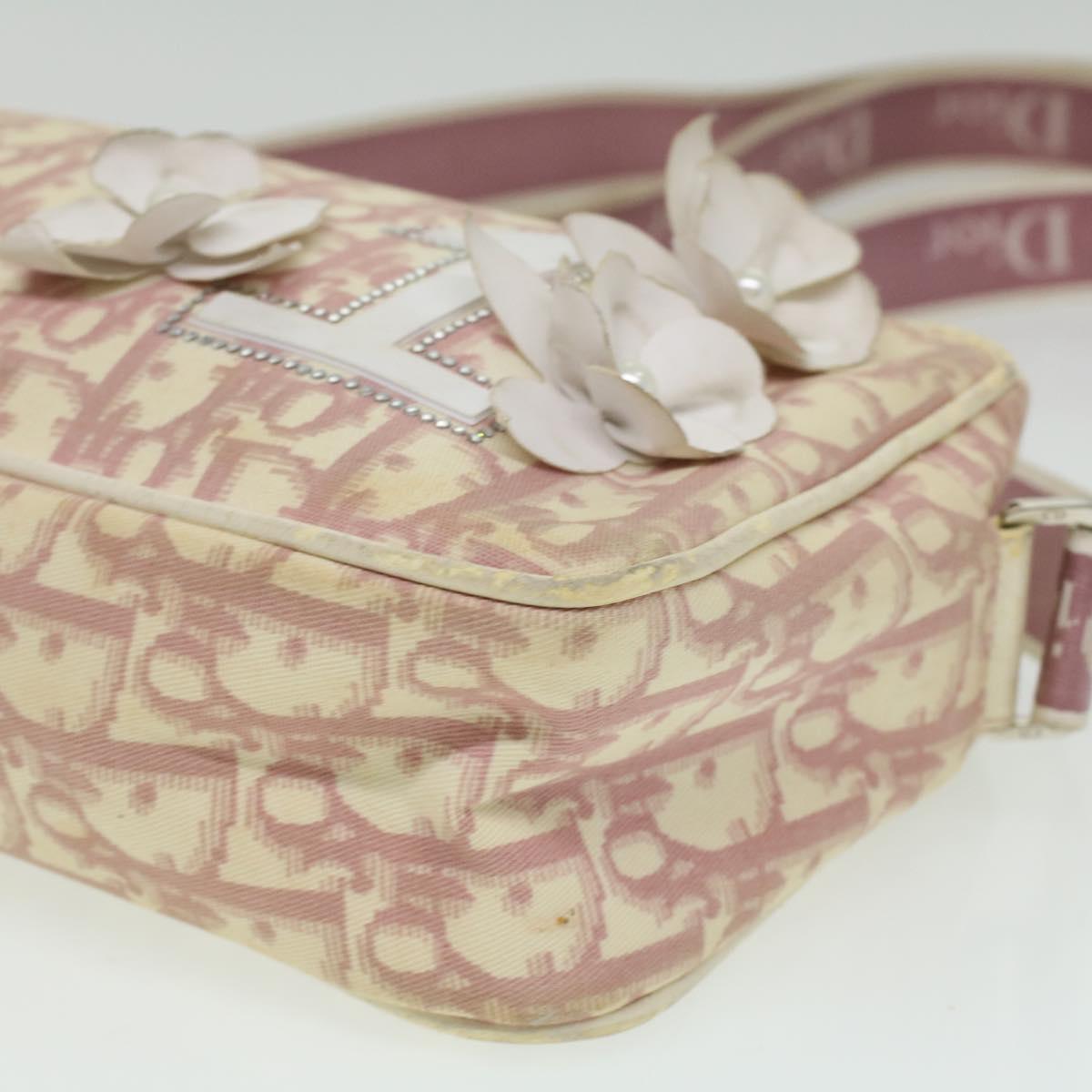 Christian Dior Trotter Canvas Flower Shoulder Bag Pink Auth rd4249