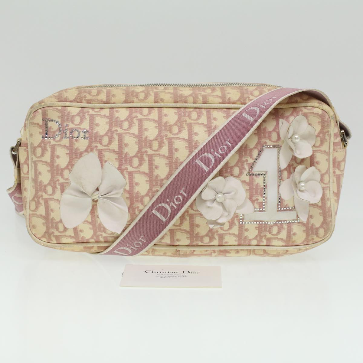 Christian Dior Trotter Canvas Flower Shoulder Bag Pink Auth rd4249