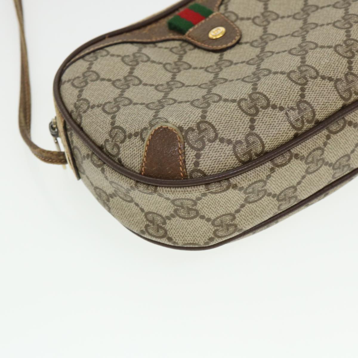 GUCCI Web Sherry Line GG Canvas Shoulder Bag PVC Leather Beige Green Auth rd4502