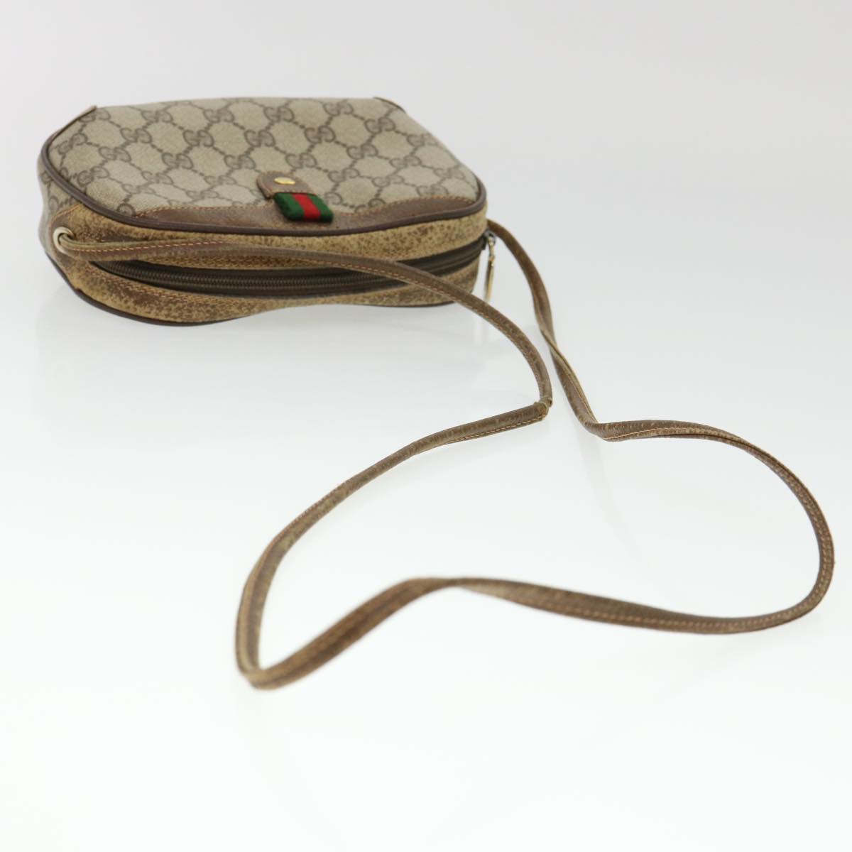 GUCCI Web Sherry Line GG Canvas Shoulder Bag PVC Leather Beige Green Auth rd4502