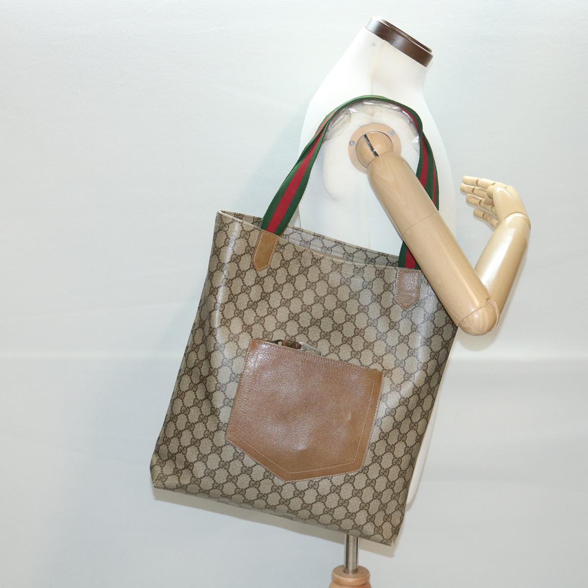 GUCCI Web Sherry Line GG Canvas Tote Bag PVC Leather Beige Green Red Auth rd4576