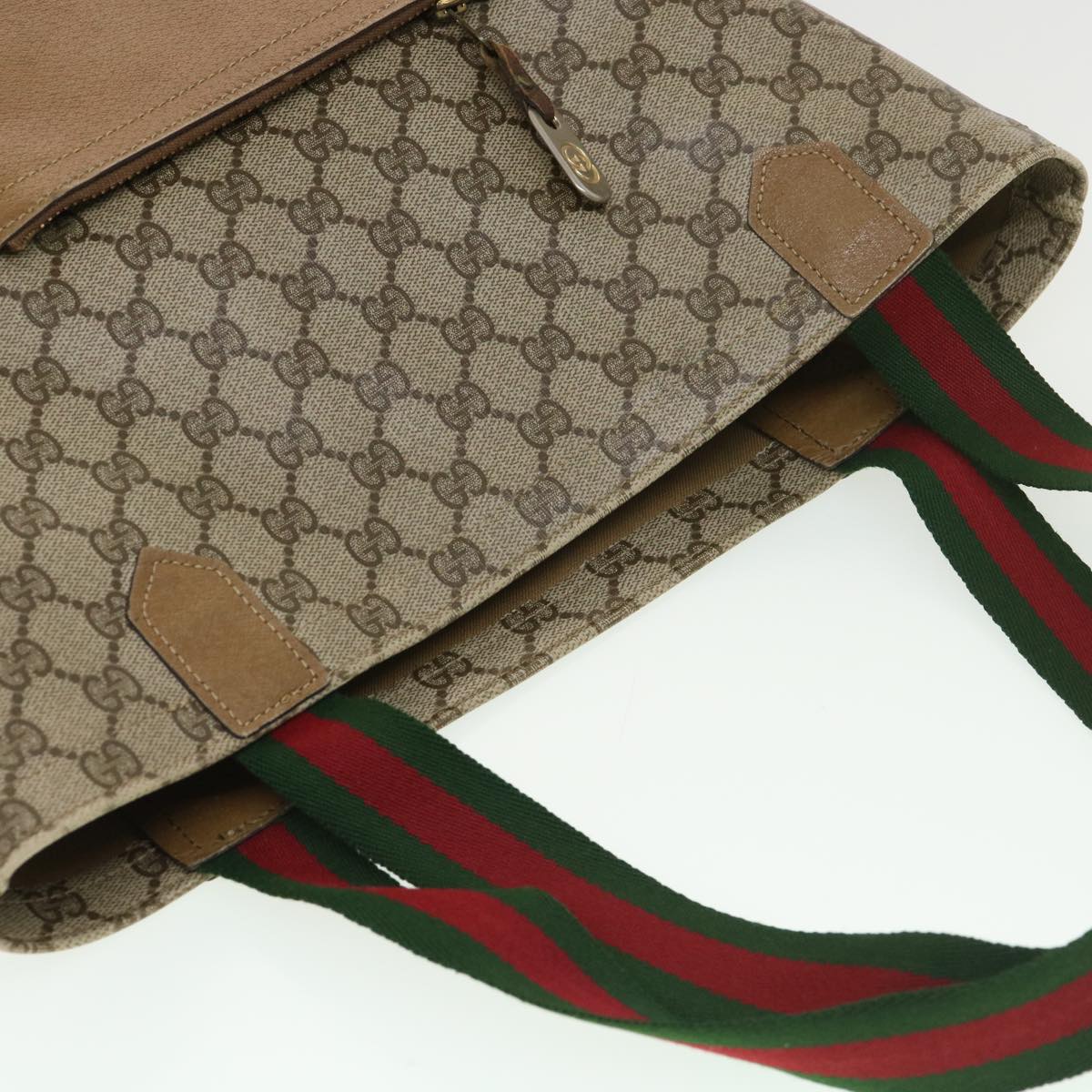 GUCCI Web Sherry Line GG Canvas Tote Bag PVC Leather Beige Green Red Auth rd4576