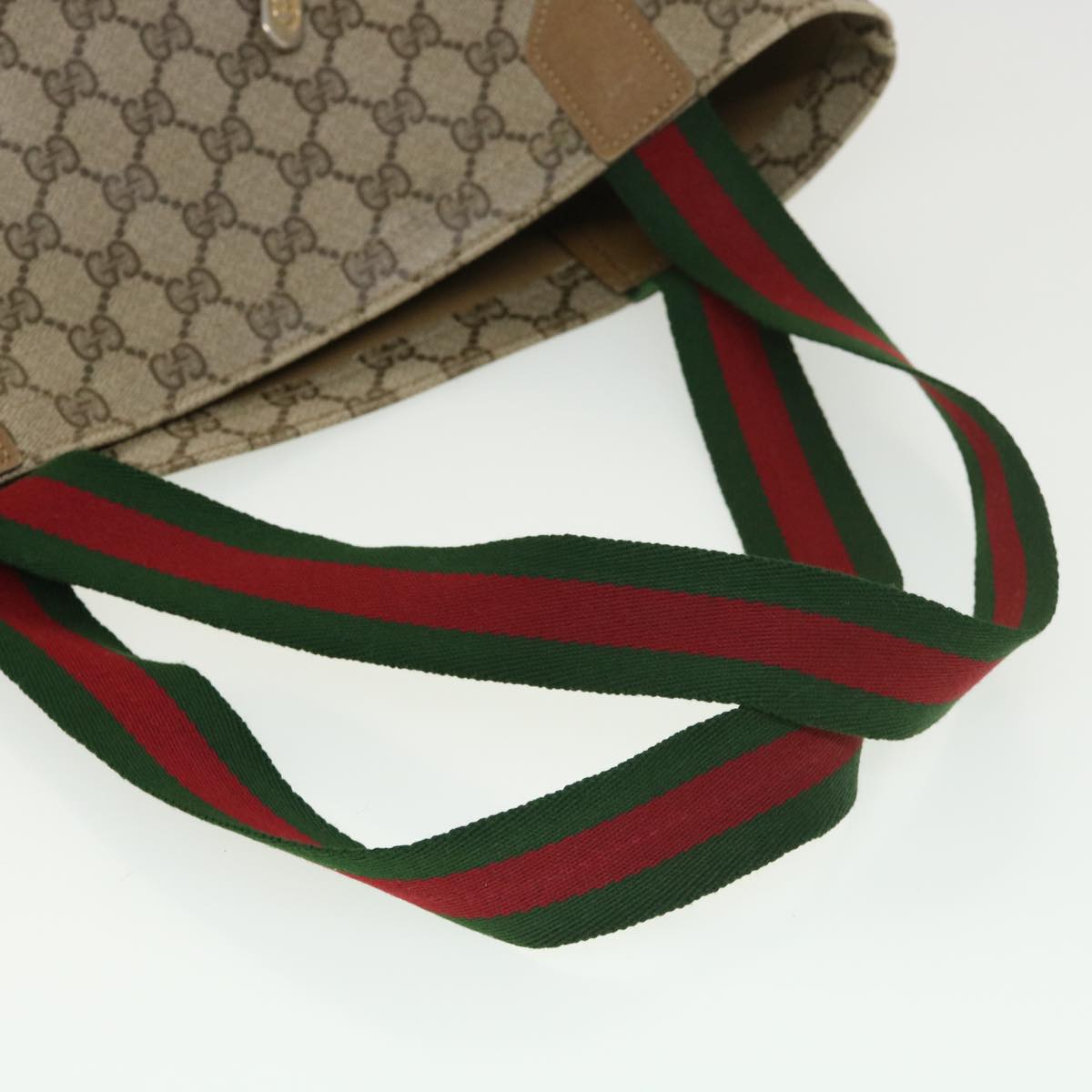 GUCCI Web Sherry Line GG Canvas Tote Bag PVC Leather Beige Green Red Auth rd4576