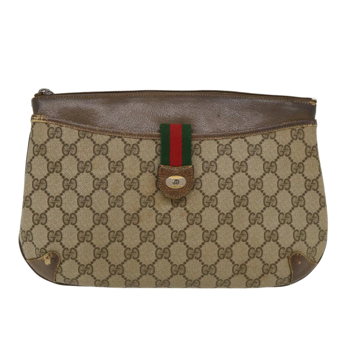 GUCCI GG Canvas Web Sherry Line Shoulder Bag PVC Leather Beige Green Auth rd4793