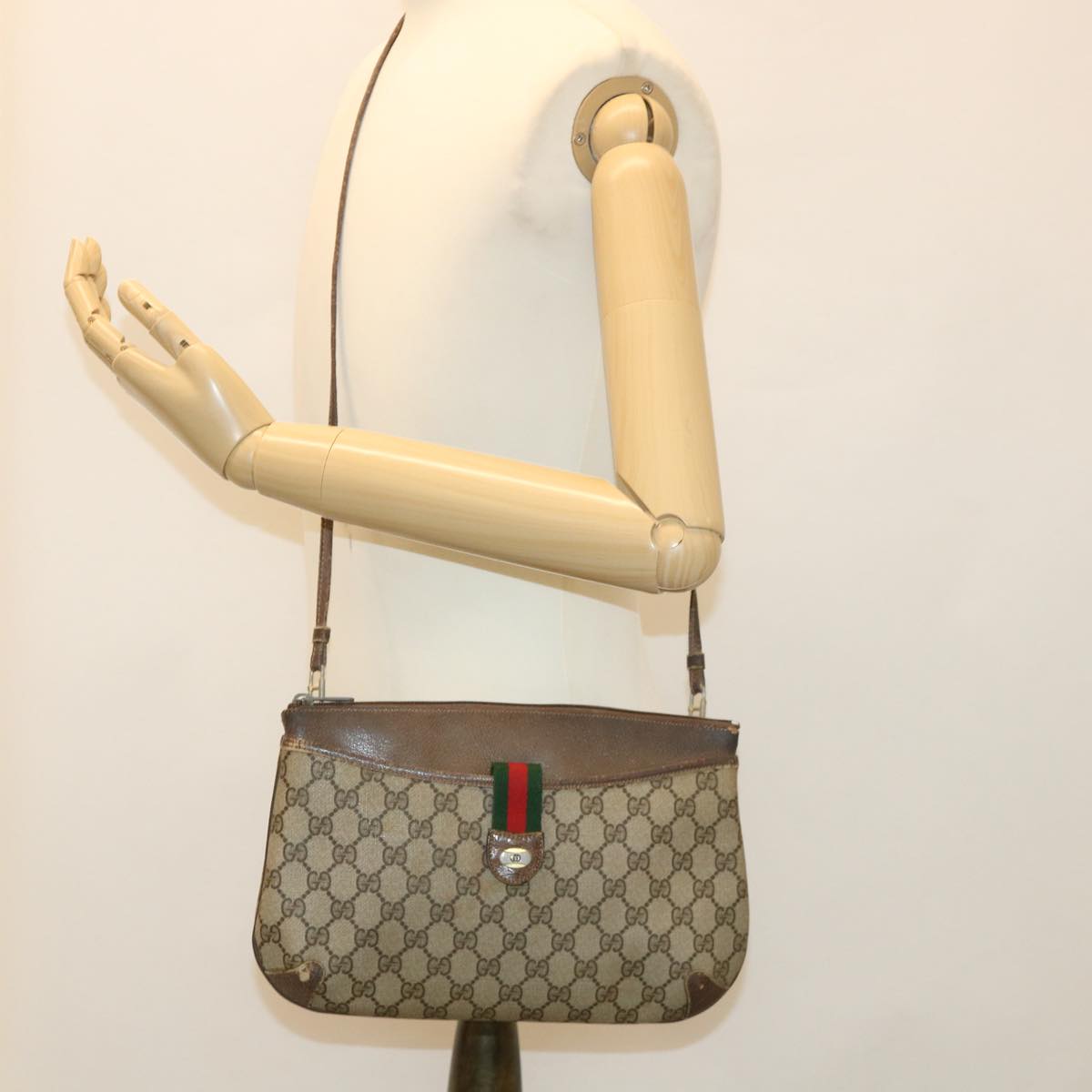 GUCCI GG Canvas Web Sherry Line Shoulder Bag PVC Leather Beige Green Auth rd4793