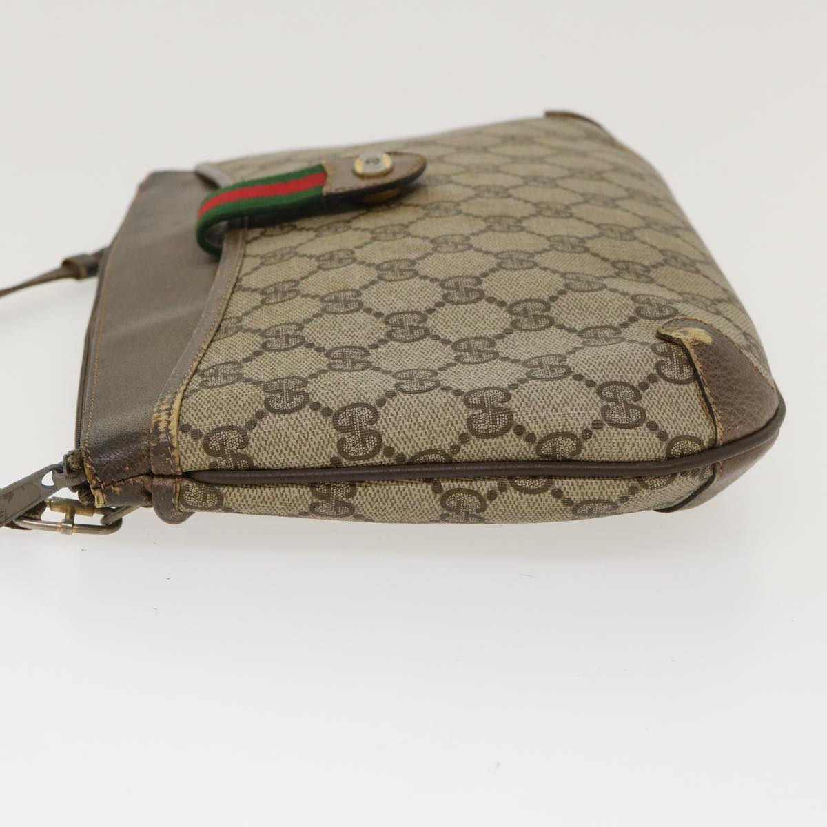 GUCCI GG Canvas Web Sherry Line Shoulder Bag PVC Leather Beige Green Auth rd4793