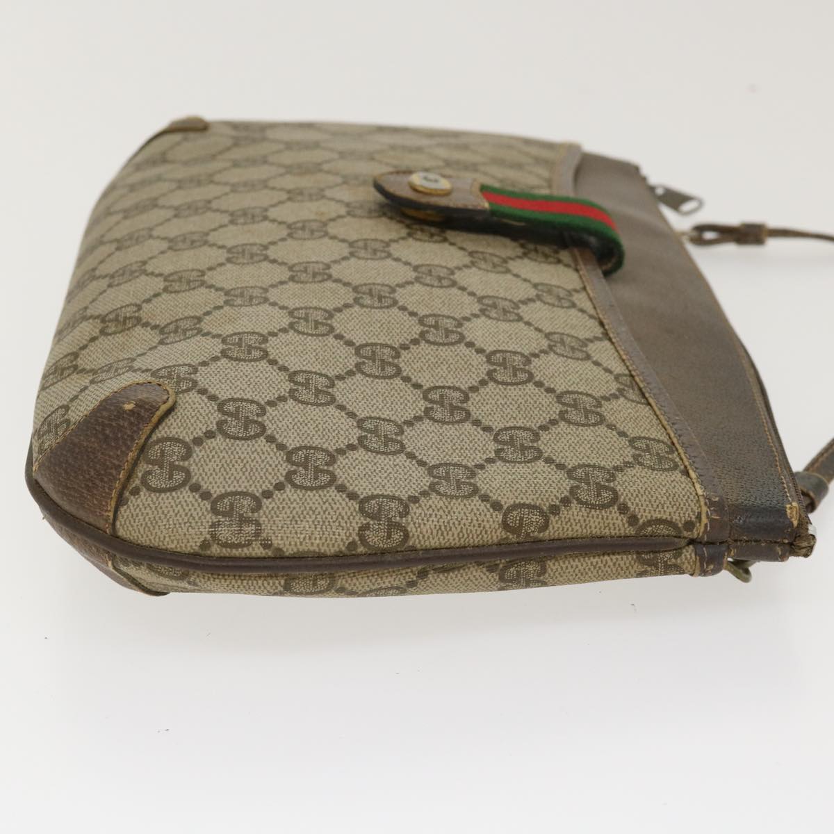 GUCCI GG Canvas Web Sherry Line Shoulder Bag PVC Leather Beige Green Auth rd4793