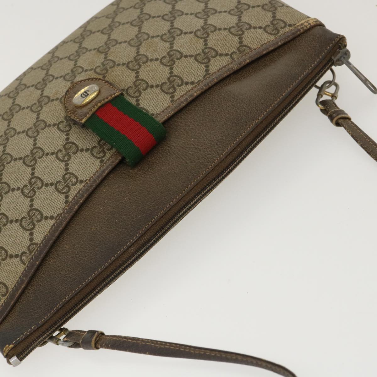 GUCCI GG Canvas Web Sherry Line Shoulder Bag PVC Leather Beige Green Auth rd4793