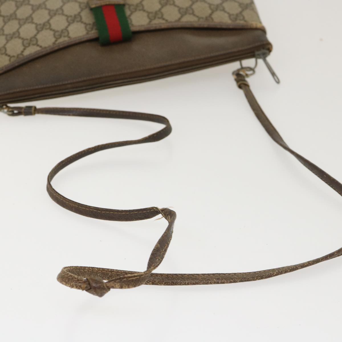 GUCCI GG Canvas Web Sherry Line Shoulder Bag PVC Leather Beige Green Auth rd4793