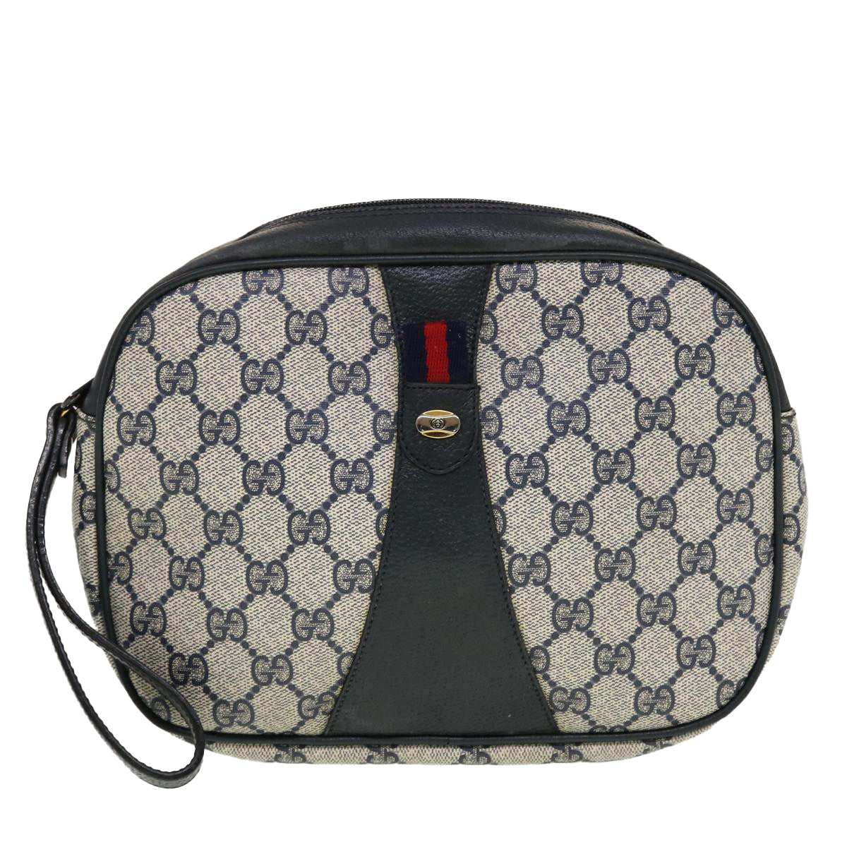 GUCCI GG Canvas Sherry Line Clutch Bag Gray Red Navy 89.01.034 Auth rd5207