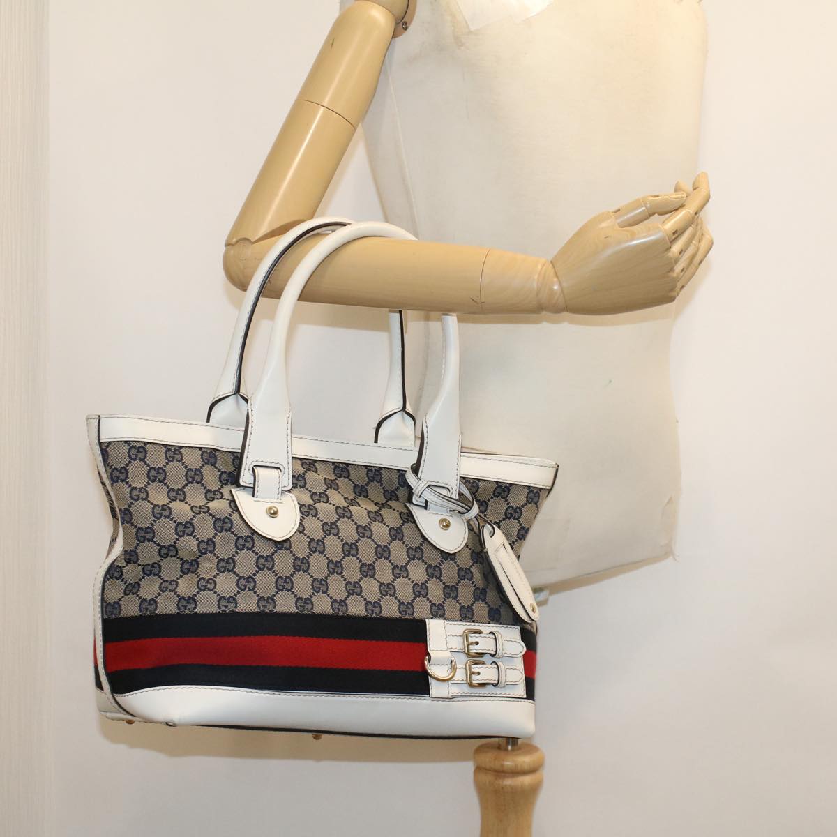 GUCCI GG Canvas Sherry Line Shoulder Bag Gray Red Navy 257085 Auth rd5254