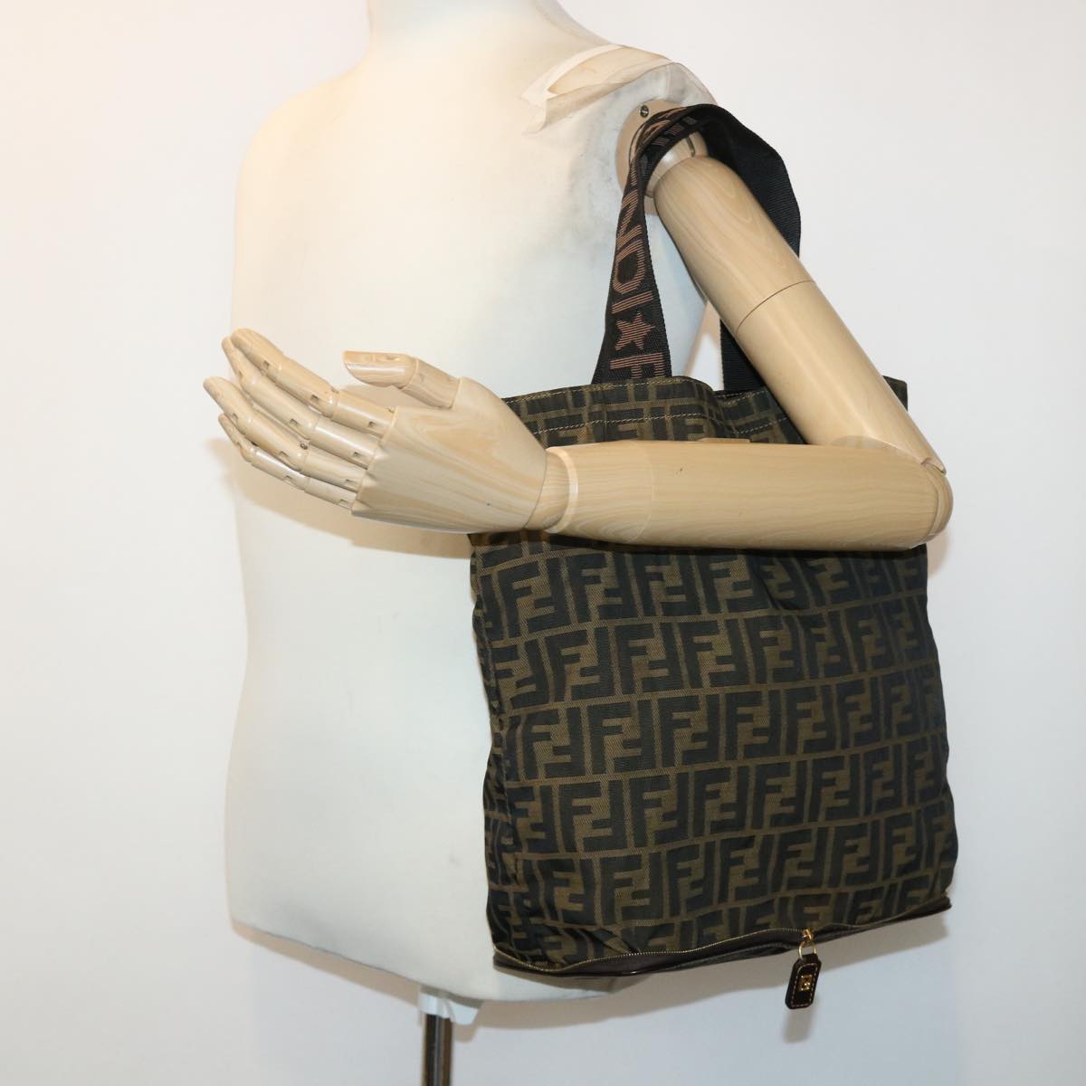 FENDI Zucca Canvas Tote Bag Nylon Brown Black Auth rd5464