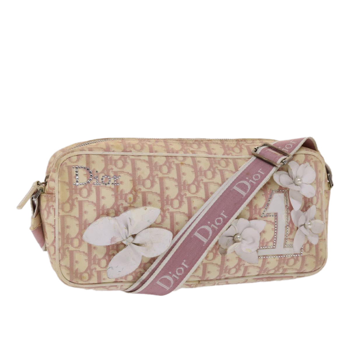 Christian Dior Trotter Canvas Shoulder Bag Pink White Auth rd5540