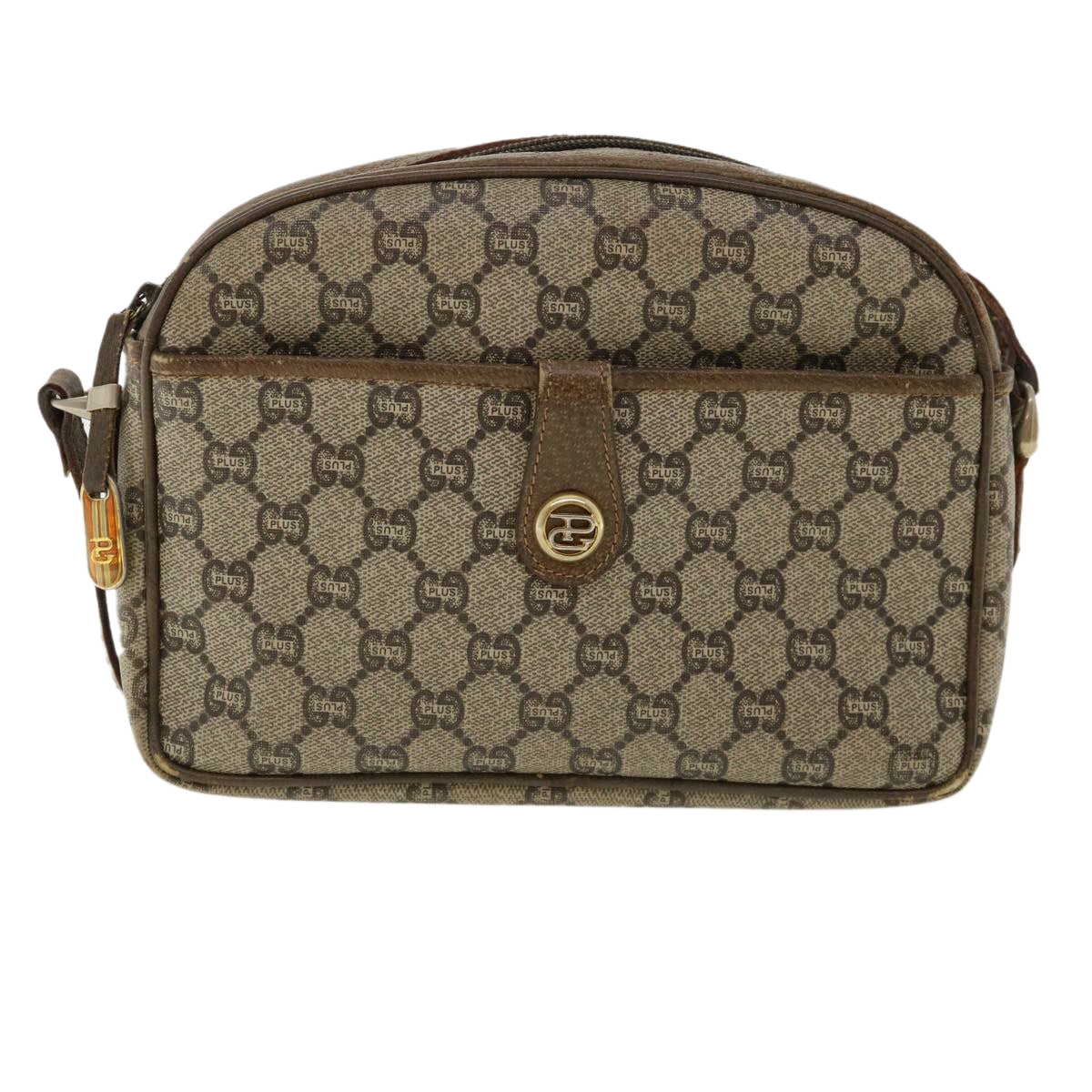 GUCCI GG Plus Canvas Shoulder Bag PVC Leather Beige Auth ro556