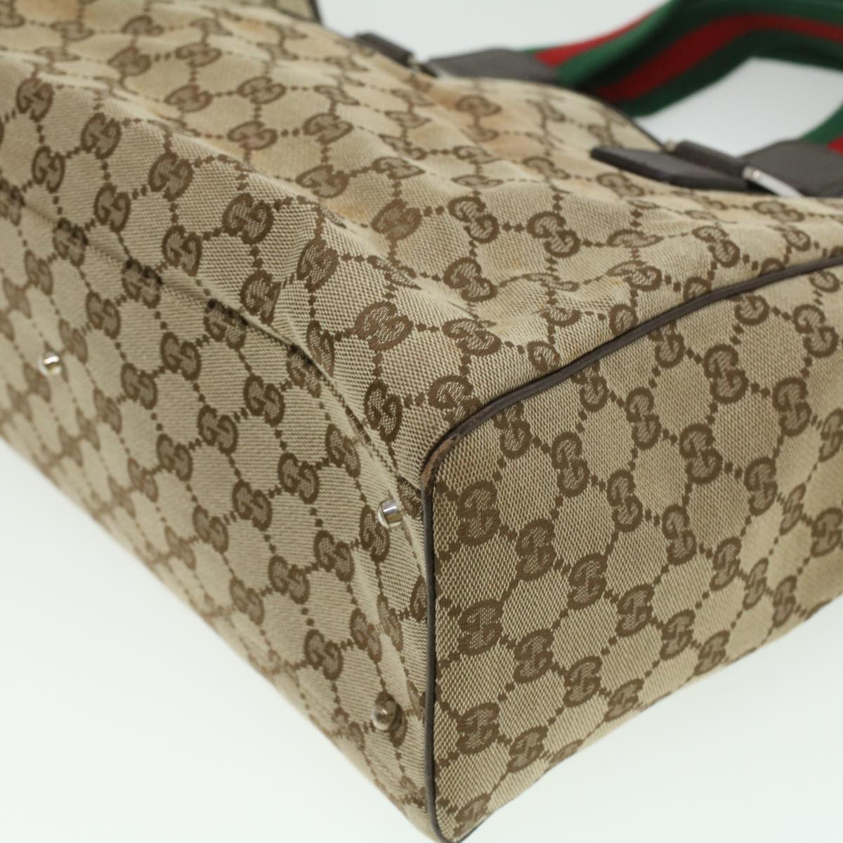 GUCCI GG Canvas Web Sherry Line Tote Bag Beige Red Green Auth ro581