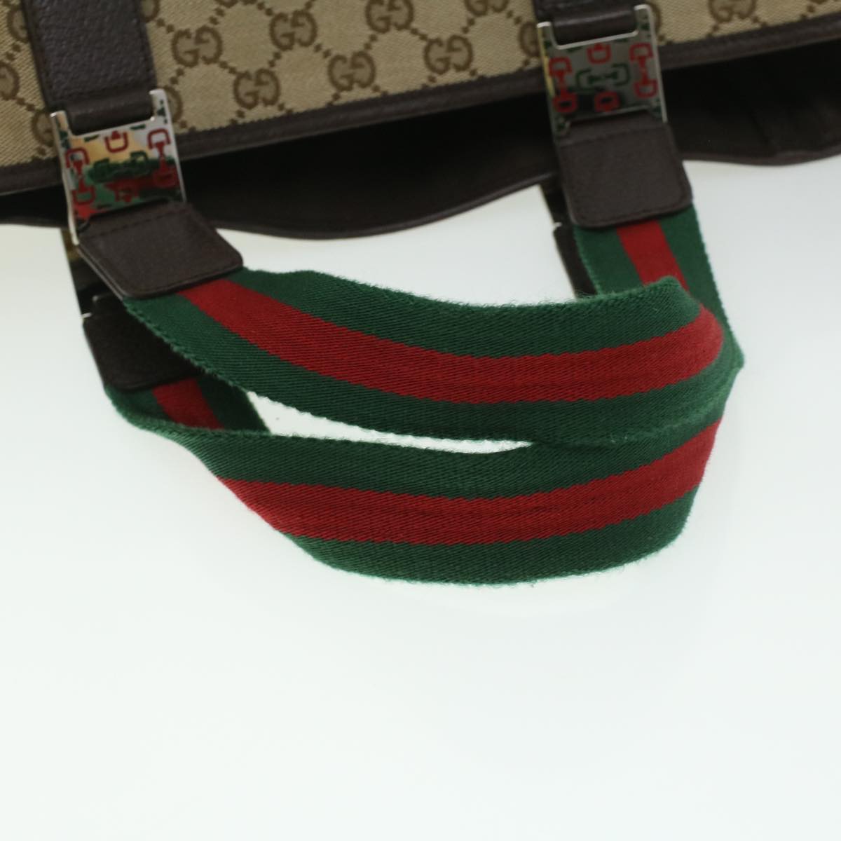 GUCCI GG Canvas Web Sherry Line Tote Bag Beige Red Green Auth ro581