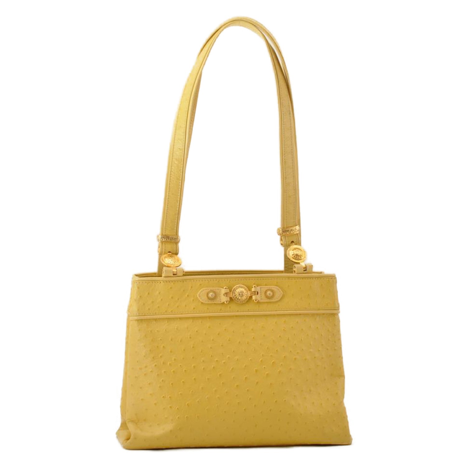 Gianni Versace Sun Face Vanity Tote Bag Leather Yellow Auth am2385s