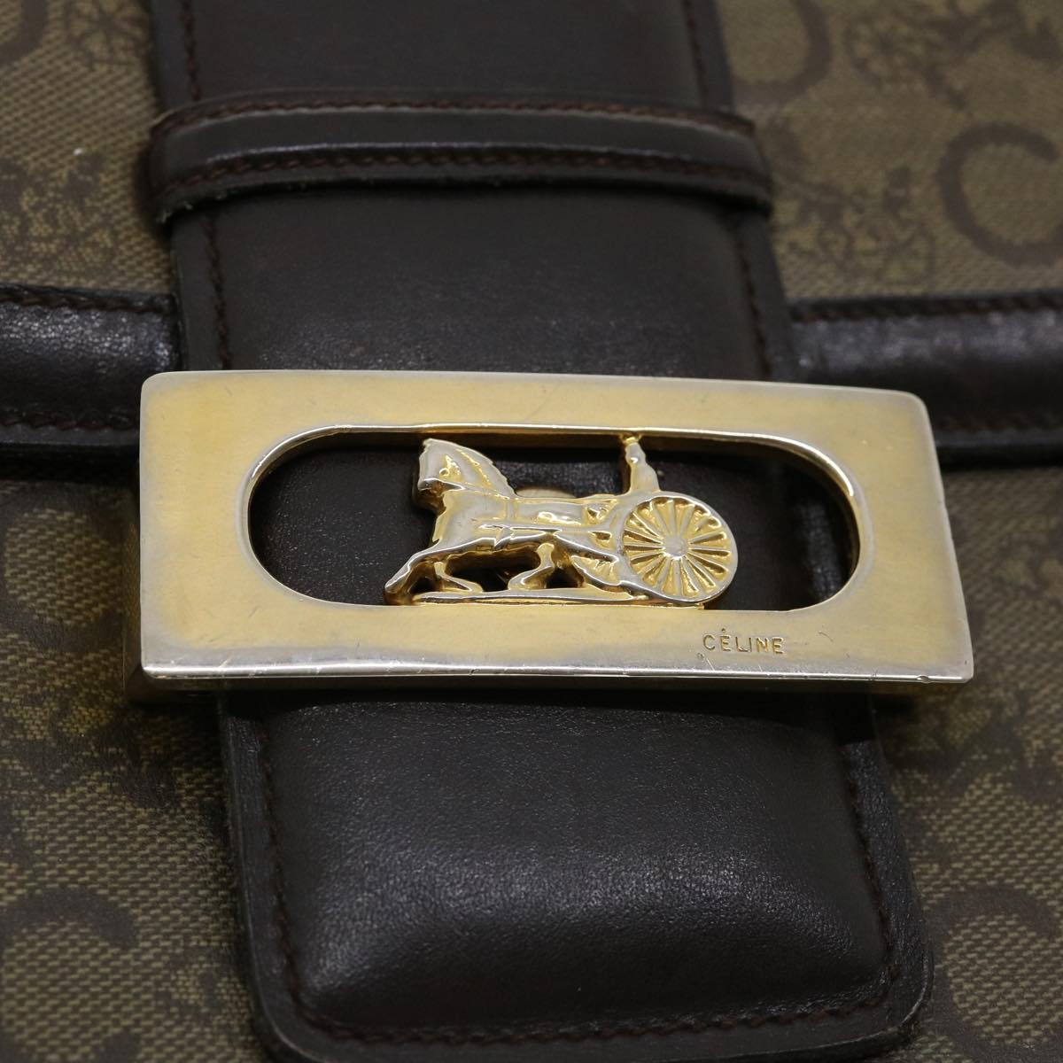 CELINE C Macadam Canvas Gold Horse Carriage Shoulder Bag Brown Auth tb272