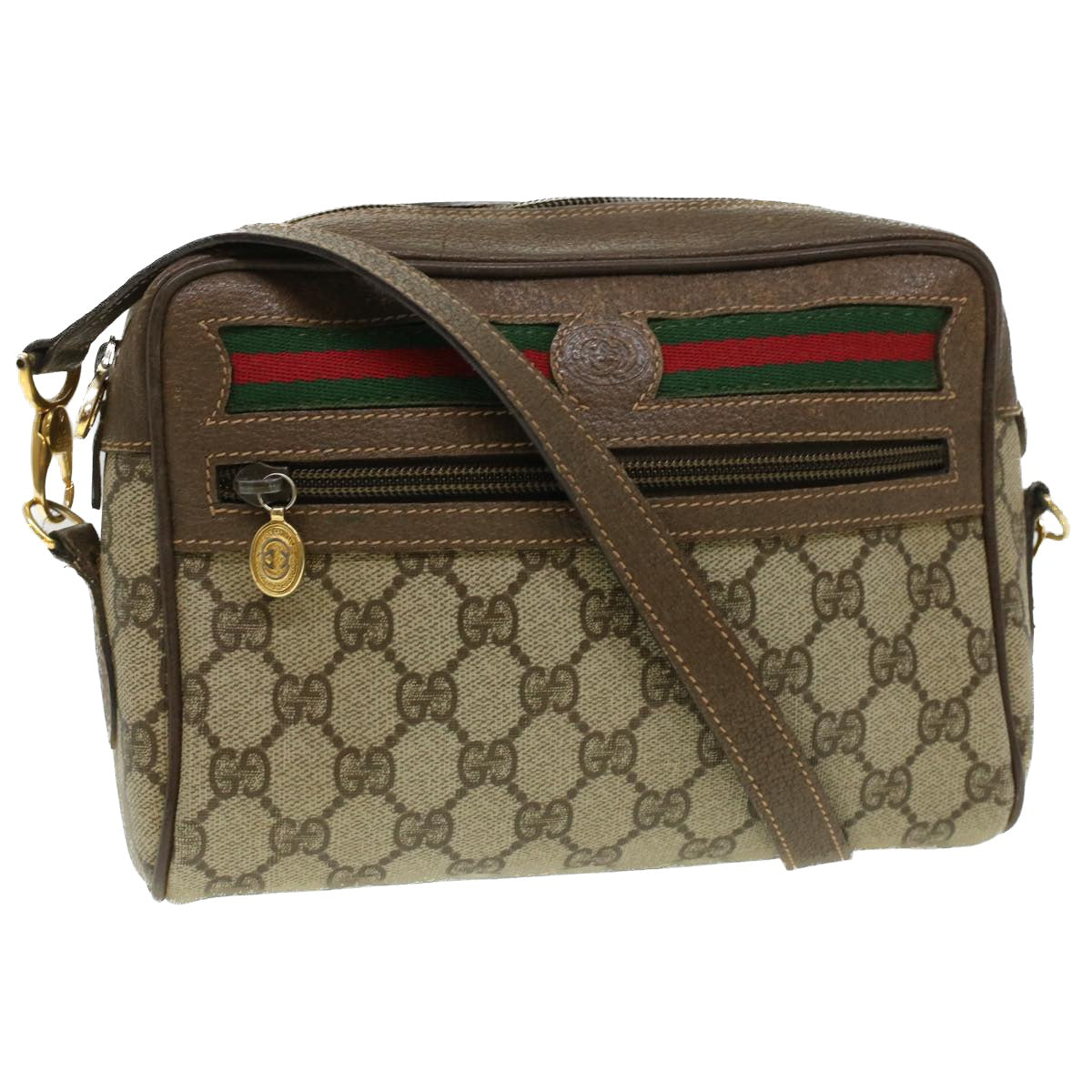 GUCCI Web Sherry Line GG Canvas Shoulder Bag PVC Leather Beige Green Auth tb446
