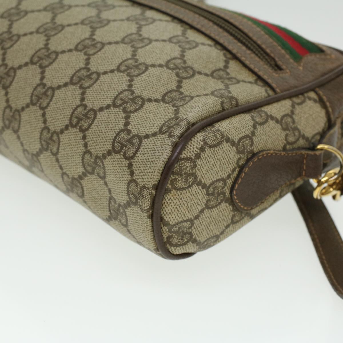 GUCCI Web Sherry Line GG Canvas Shoulder Bag PVC Leather Beige Green Auth tb446