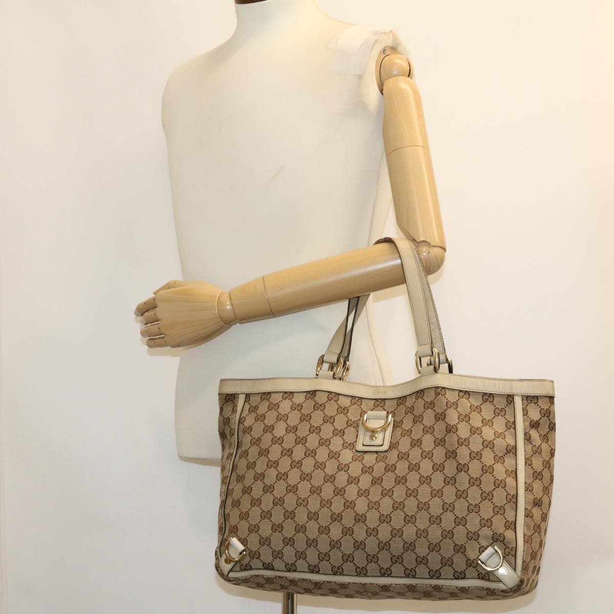 GUCCI GG Canvas Abbey Tote Bag Beige White 205141 Auth tb580