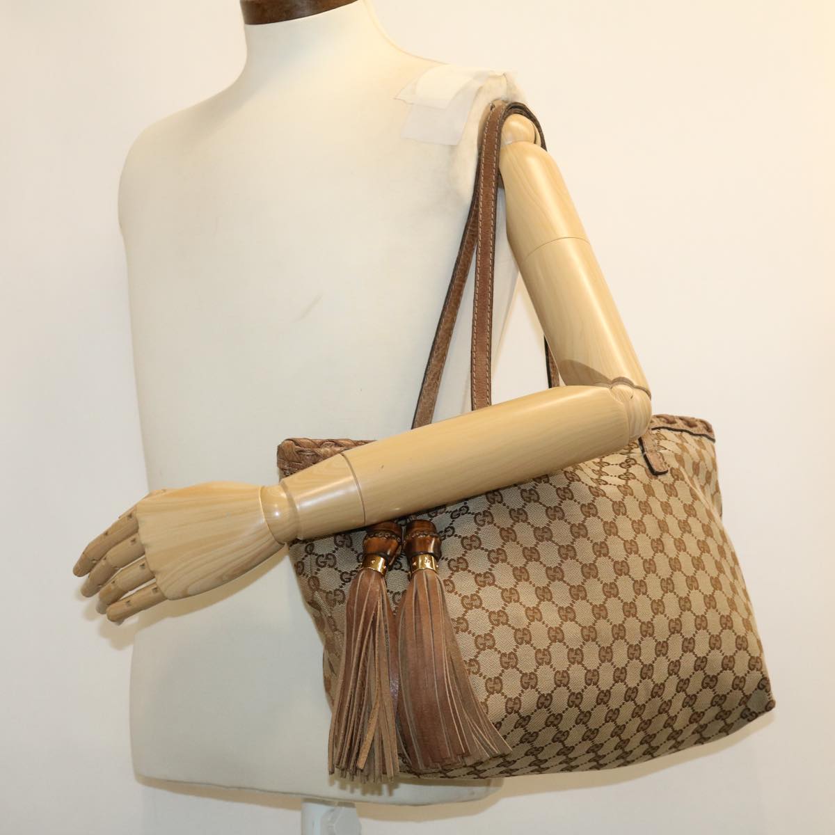 GUCCI GG Canvas Fringe Bamboo Tote Bag Beige Brown 218780 Auth tb616