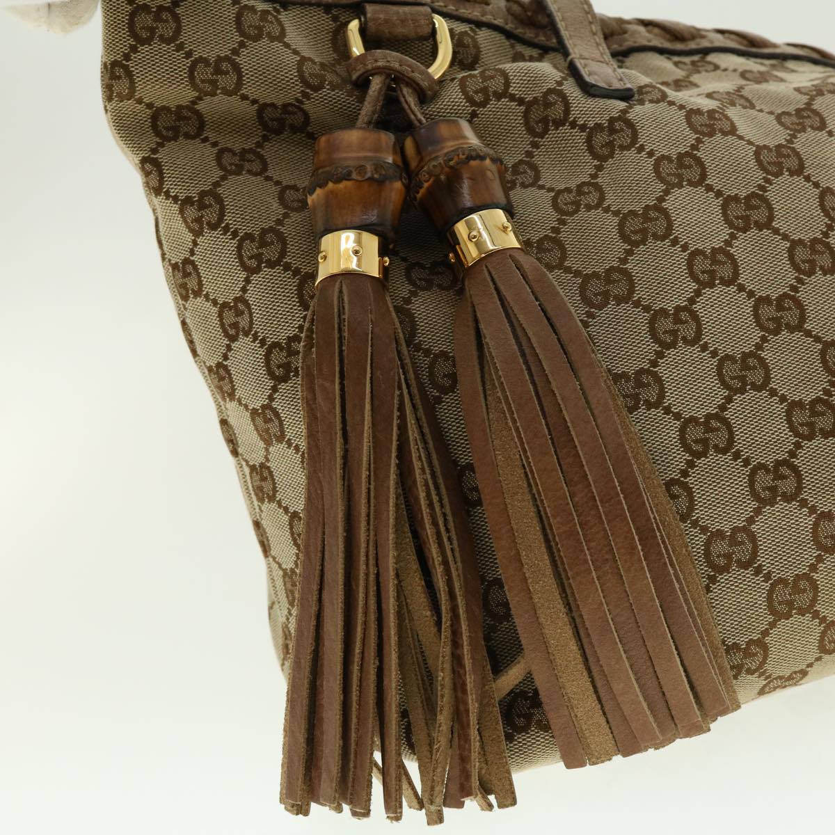 GUCCI GG Canvas Fringe Bamboo Tote Bag Beige Brown 218780 Auth tb616