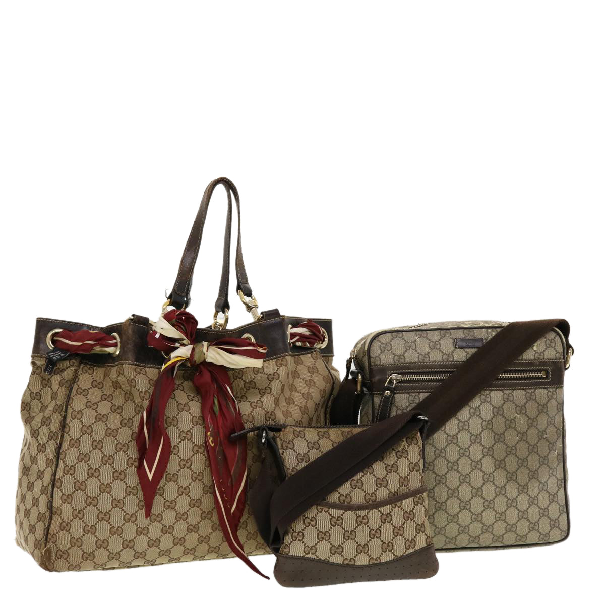 GUCCI GG Canvas Shoulder Bag PVC Leather 3Set Beige Auth tb650