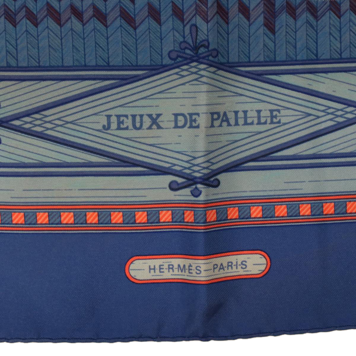 HERMES Carre 90 JEUX DE PAILLE Scarf Silk Blue Auth tb652