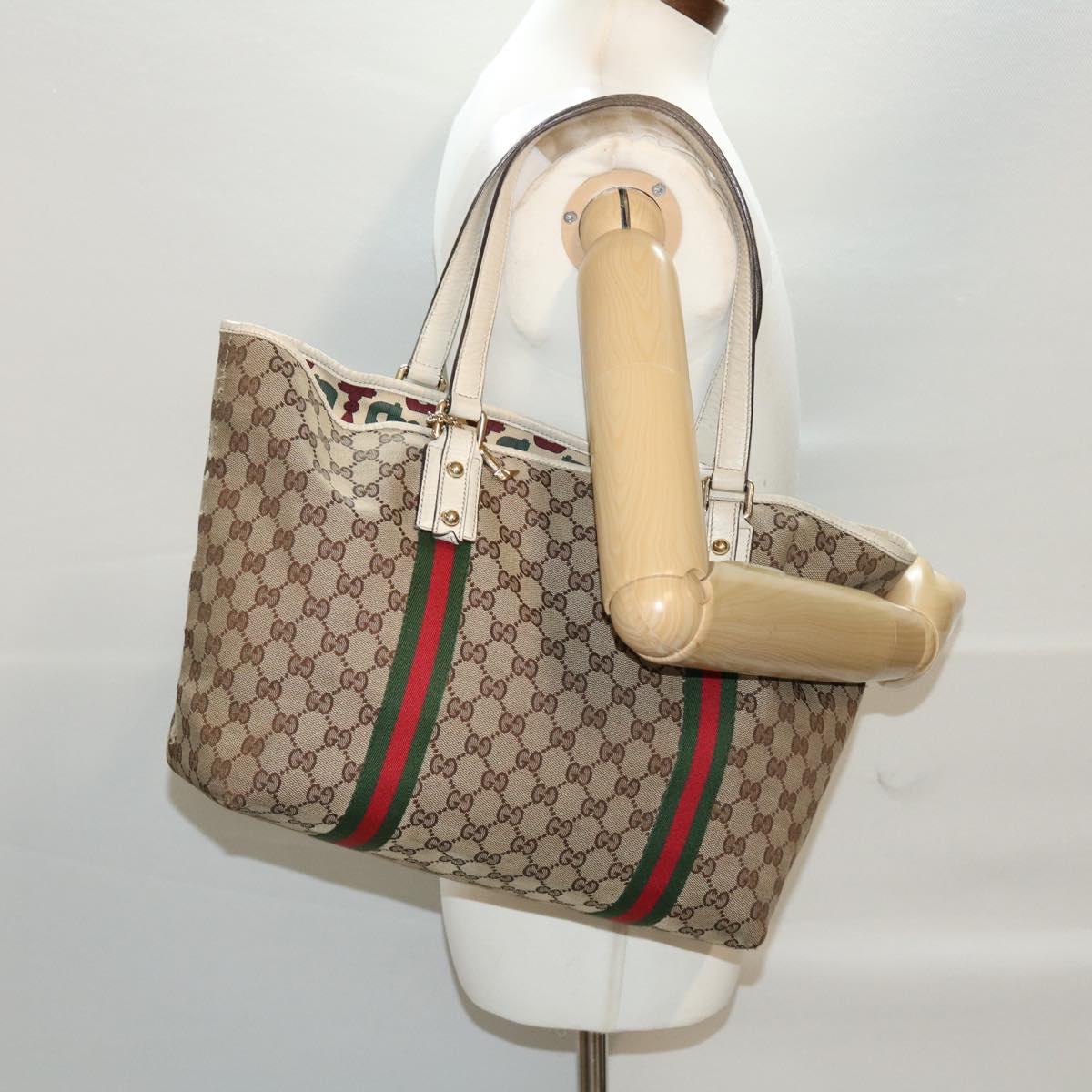 GUCCI GG Canvas Web Sherry Line Tote Bag Beige Green Red 139260 Auth tb669