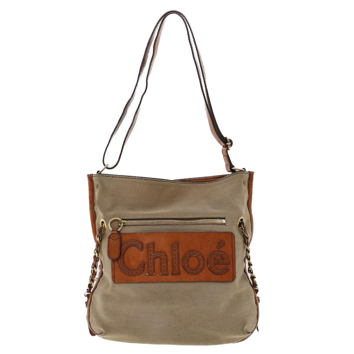 Chloe Shoulder Bag Canvas Leather Beige Auth tb732