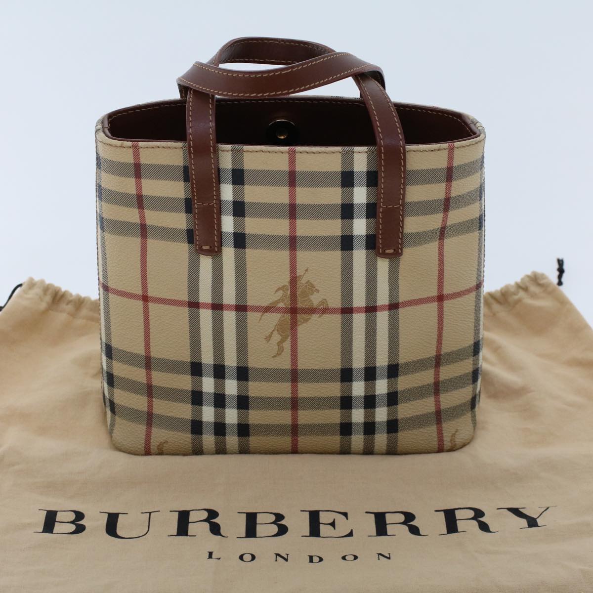 BURBERRY Nova Check Hand Bag PVC Leather Beige Black Red Auth tb742