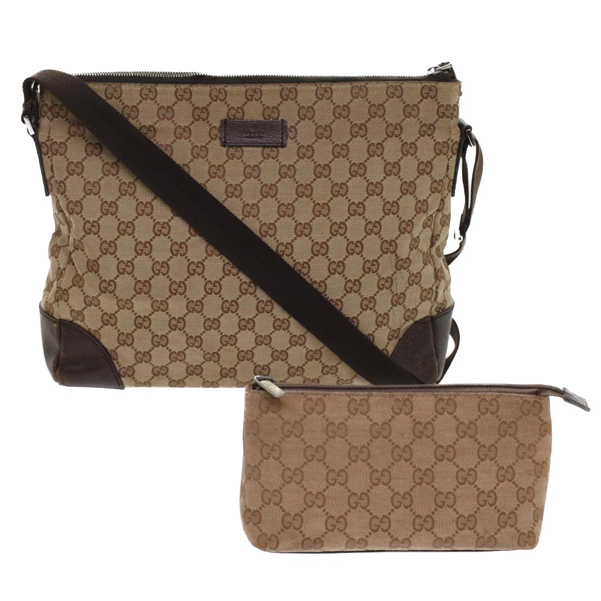 GUCCI GG Canvas Pouch Shoulder Bag 2Set Beige Auth tb790