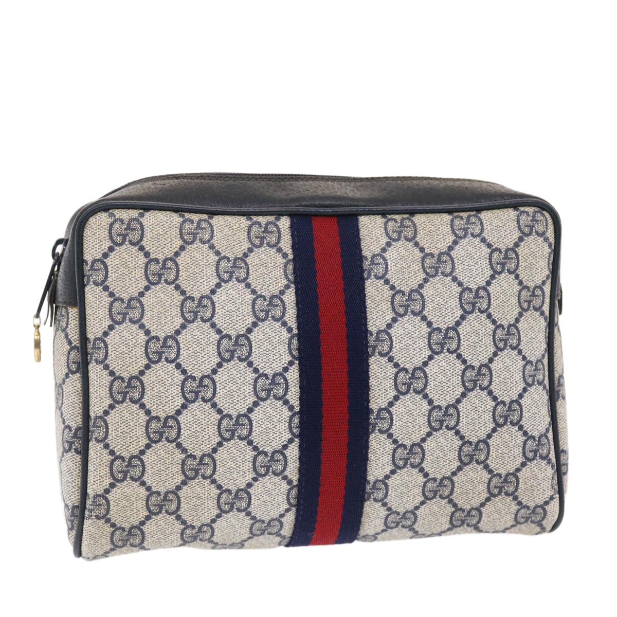 GUCCI GG Canvas Sherry Line Clutch Bag Gray Red Navy 14・014・3553 Auth tb799