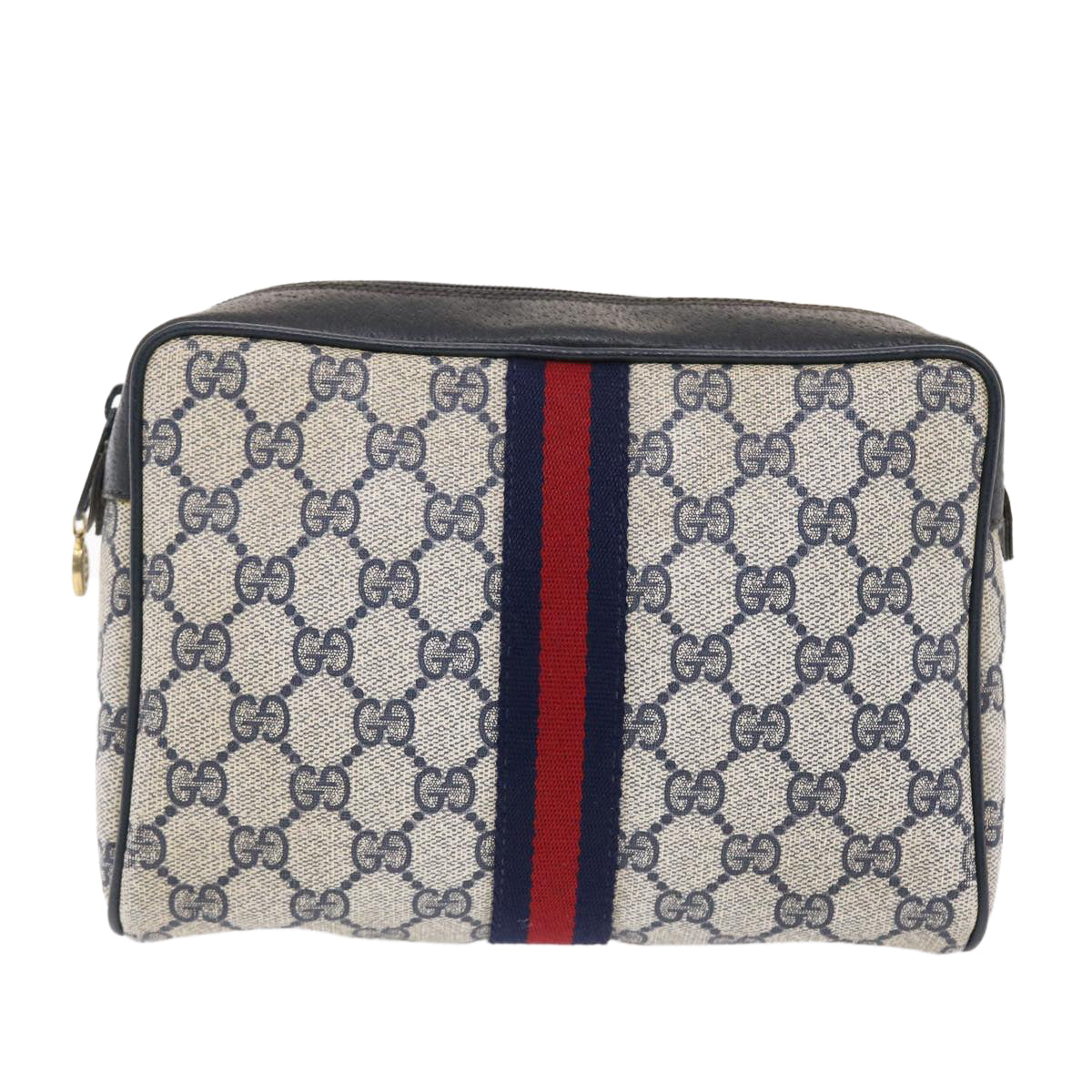 GUCCI GG Canvas Sherry Line Clutch Bag Gray Red Navy 14・014・3553 Auth tb799