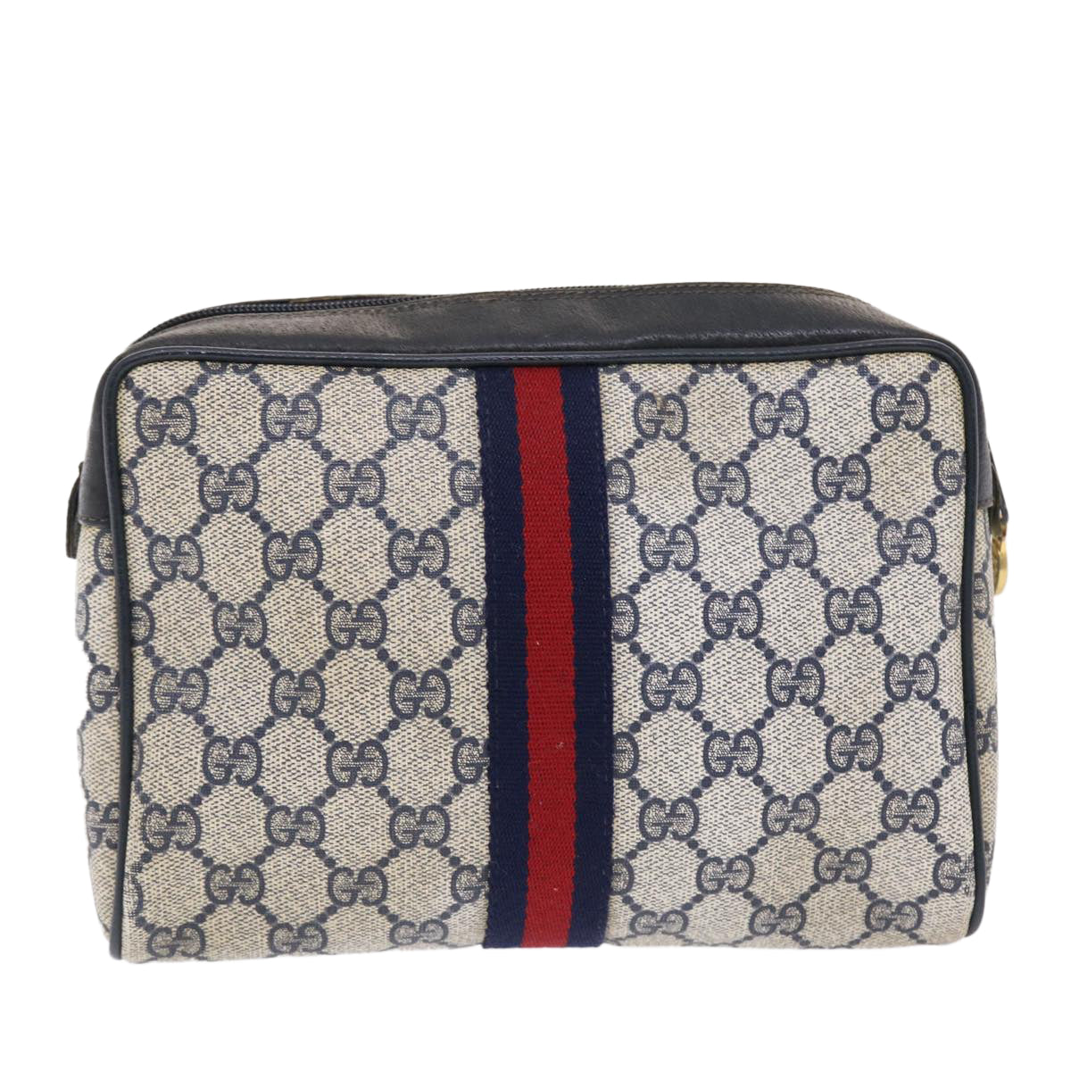 GUCCI GG Canvas Sherry Line Clutch Bag Gray Red Navy 14・014・3553 Auth tb799 - 0