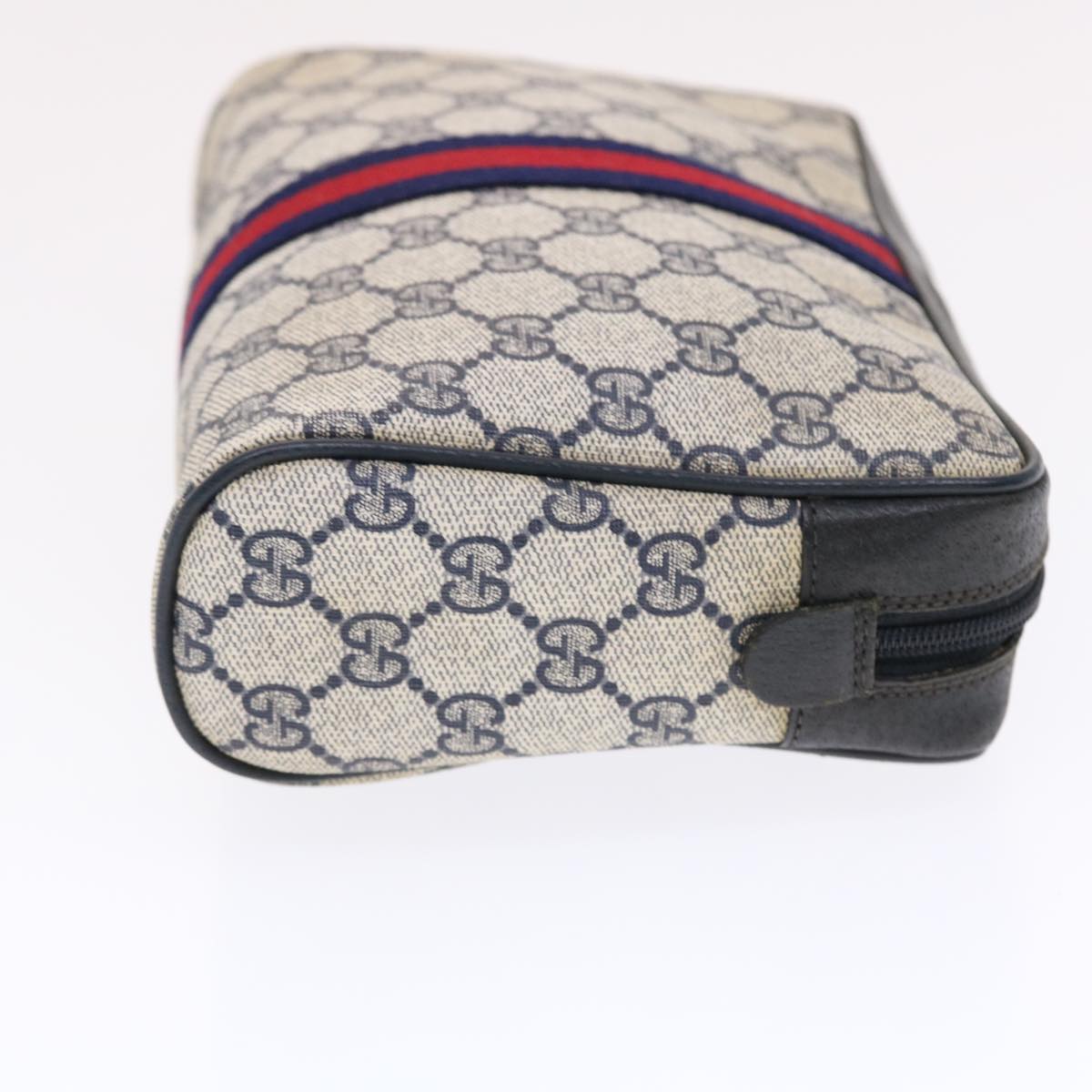 GUCCI GG Canvas Sherry Line Clutch Bag Gray Red Navy 14・014・3553 Auth tb799