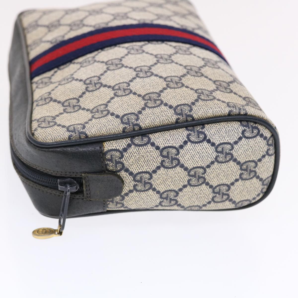 GUCCI GG Canvas Sherry Line Clutch Bag Gray Red Navy 14・014・3553 Auth tb799