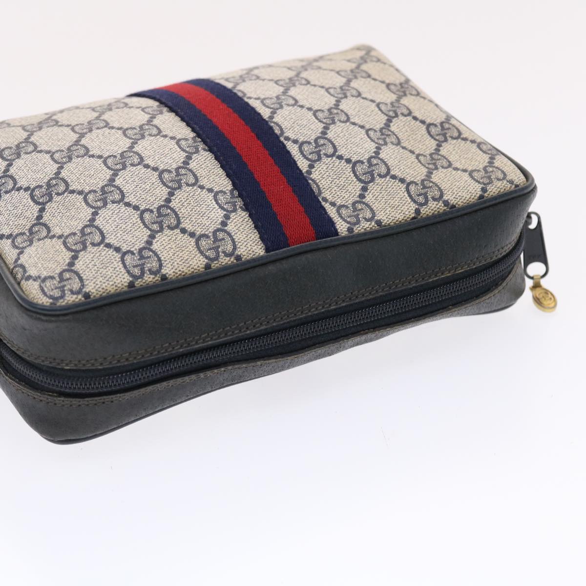 GUCCI GG Canvas Sherry Line Clutch Bag Gray Red Navy 14・014・3553 Auth tb799