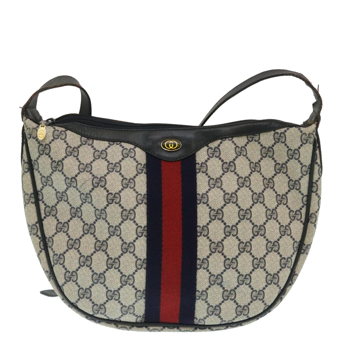GUCCI Sherry Line GG Canvas Shoulder Bag PVC Leather Navy Red Auth th2484