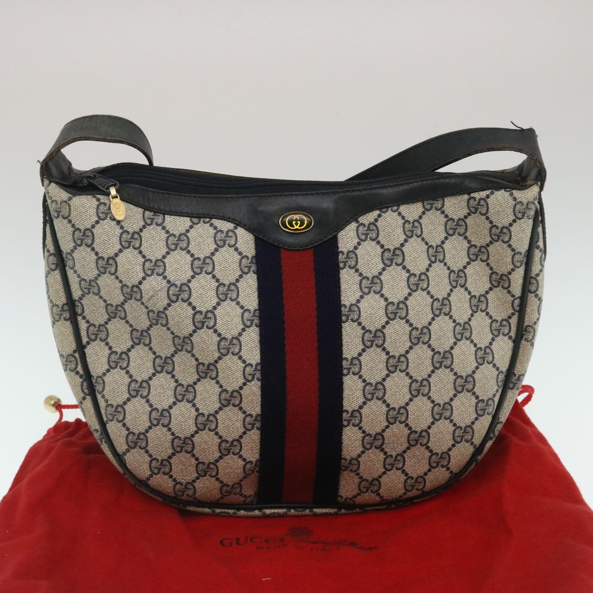GUCCI Sherry Line GG Canvas Shoulder Bag PVC Leather Navy Red Auth th2484