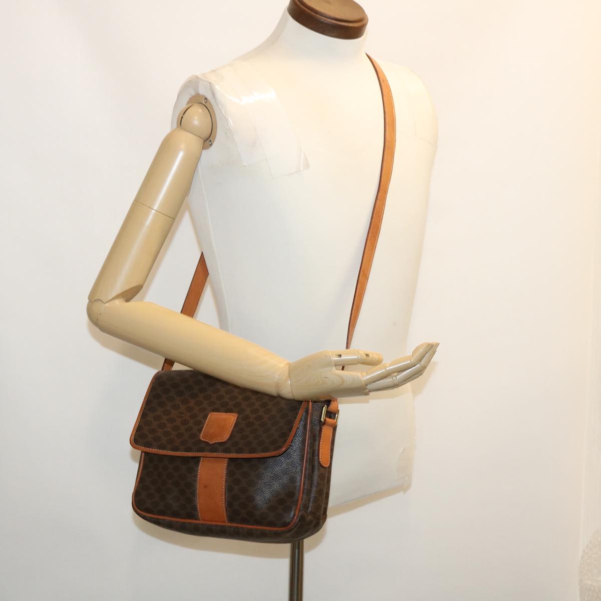 CELINE Macadam Canvas Shoulder Bag PVC Leather Brown Auth th2544
