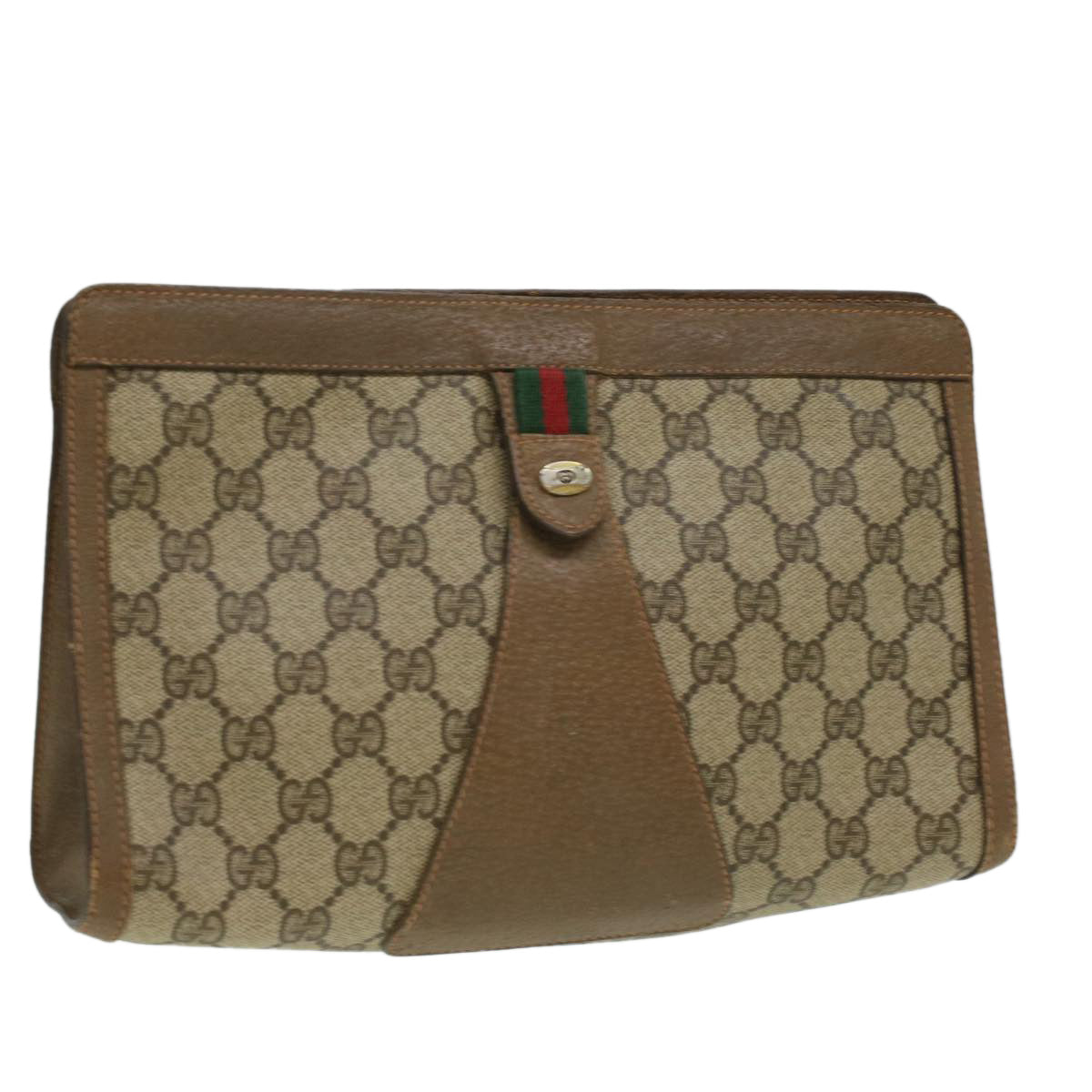 GUCCI Web Sherry Line GG Canvas Clutch Bag PVC Leather Beige Green Auth th3181