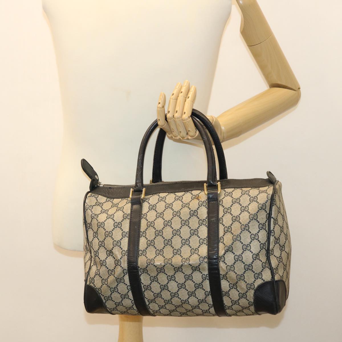 GUCCI GG Canvas Boston Bag PVC Leather Gray Navy Auth th3293